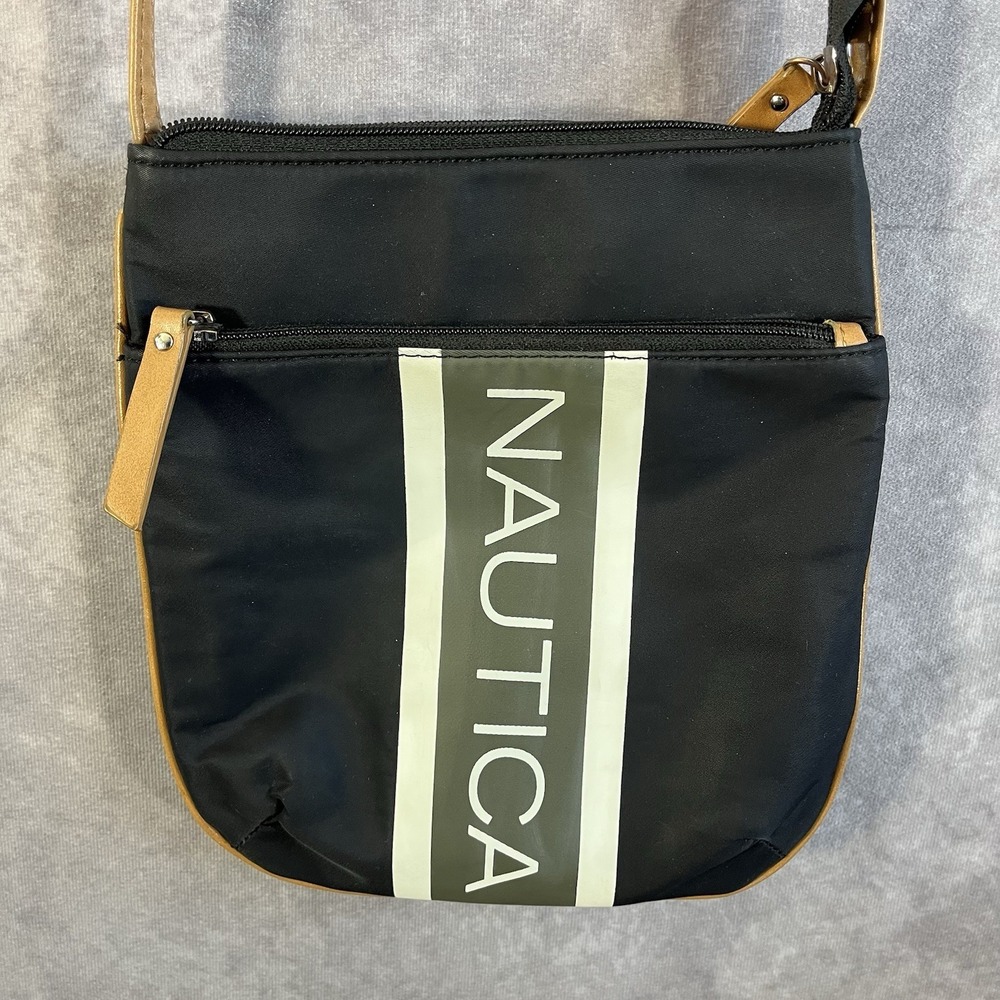 Nautica Crossbody Bag Women Small Black Tan Logo Stripe Adjustable Nylon Purse